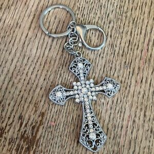 Silver Cross Keychain Bag Charm Rhinestone